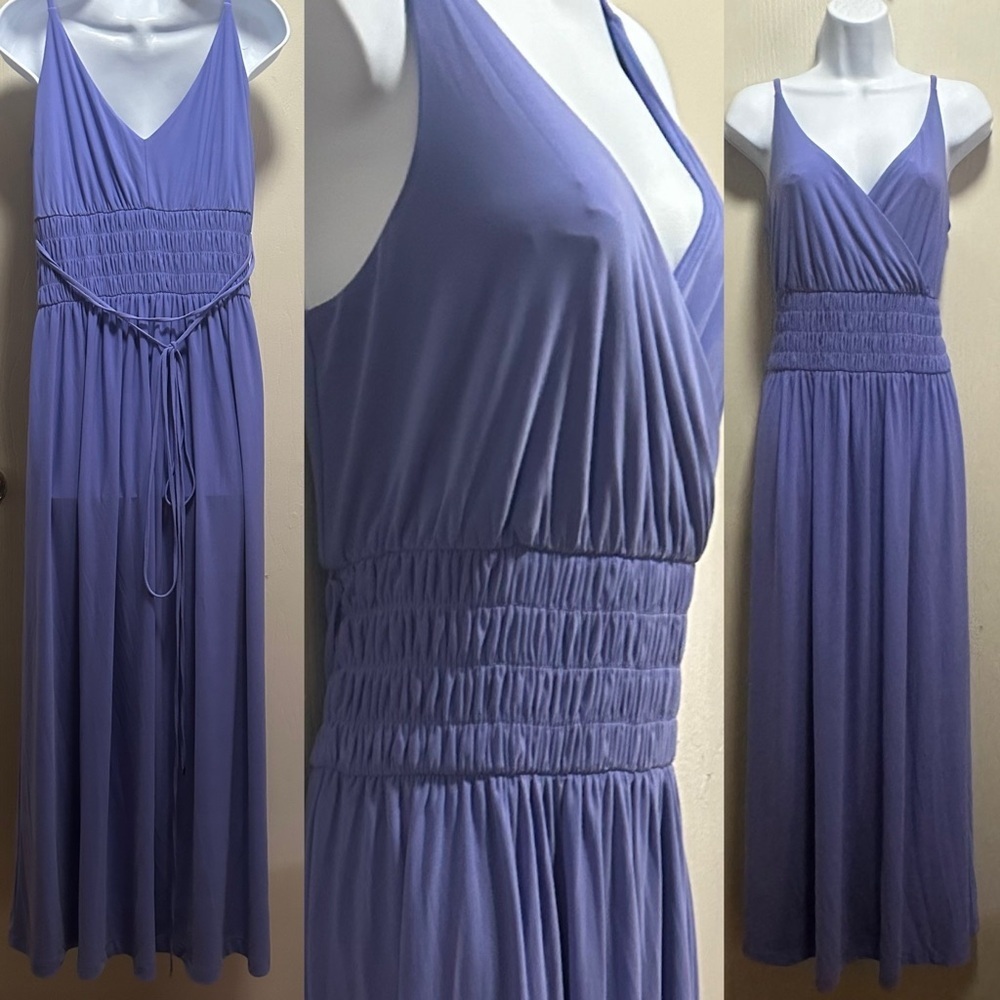 ✨💜White House Black Market WHBM Purple PeriwinkleV-Neck Ruched Maxi Dress Size M - Picture 8 of 16
